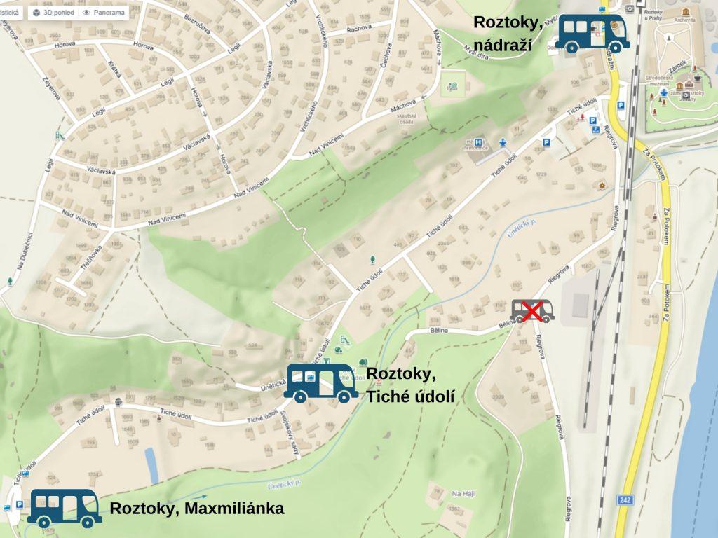 Mapa umístění zastávek – zastávka Tiché údolí je na křižovatce Tichého údolí s Únětickou uličkou; zastávka Maxmiliánka je na parkovišti na konci ulice Tiché údolí.