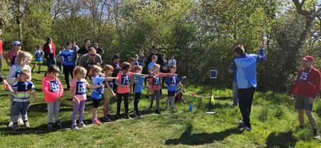 Foto: start nejmladší kategorie (děti ukazují, kde v cíli dostanou lízátko)